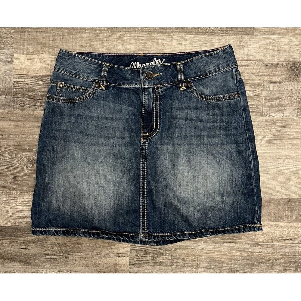 Wrangler Cowgirl Womens Denim Mini Skirt Sz 5 Dark Wash Thick Stitch On Pockets